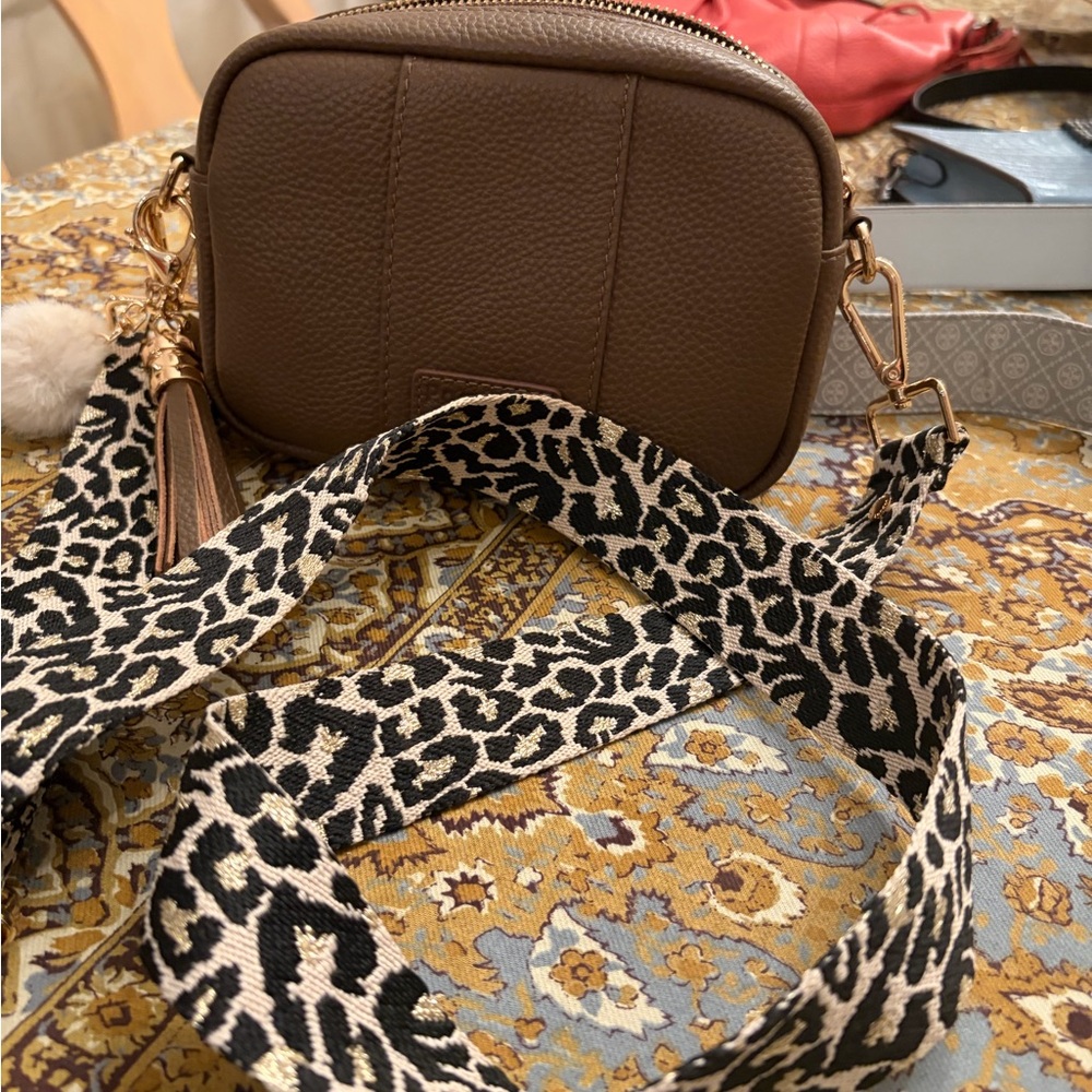 POM POM Brown Crossbody Leather Bag with Leopard Strap